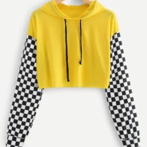 Gingham Panel Drawstring Hooded Tee